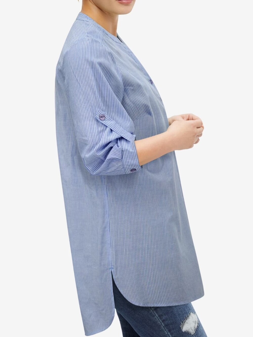 Ellos blue white light stripe roll tab sleeve plus size tunic top size 2x
